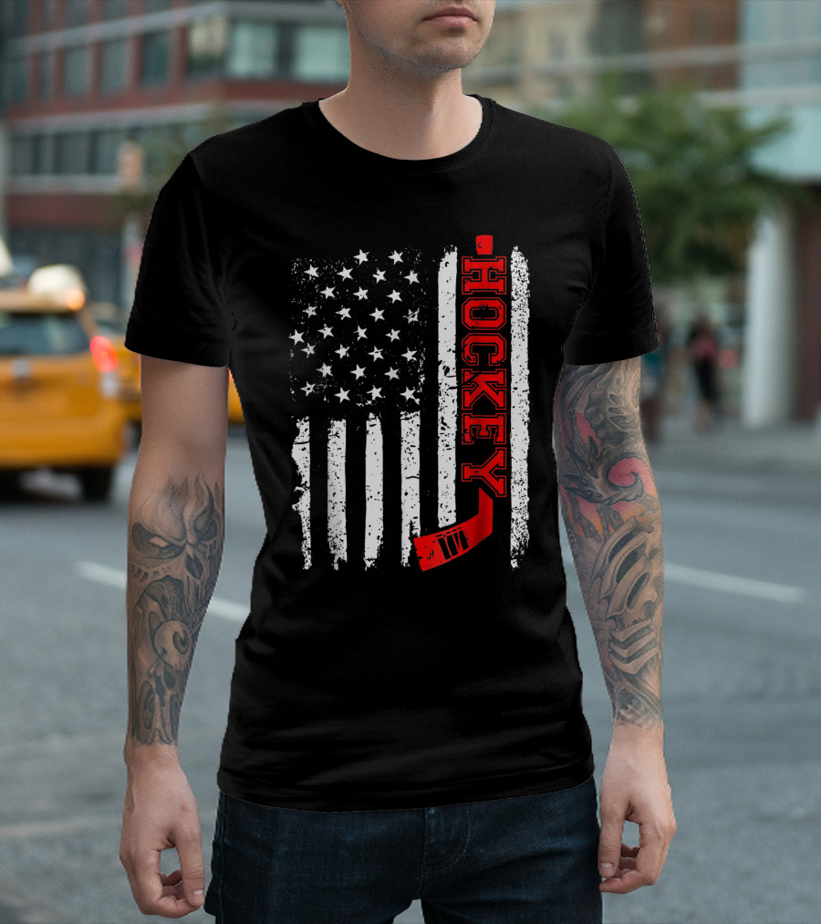 Hockey Stick American Flag With Red Vertical Hockey Text T-Shirt