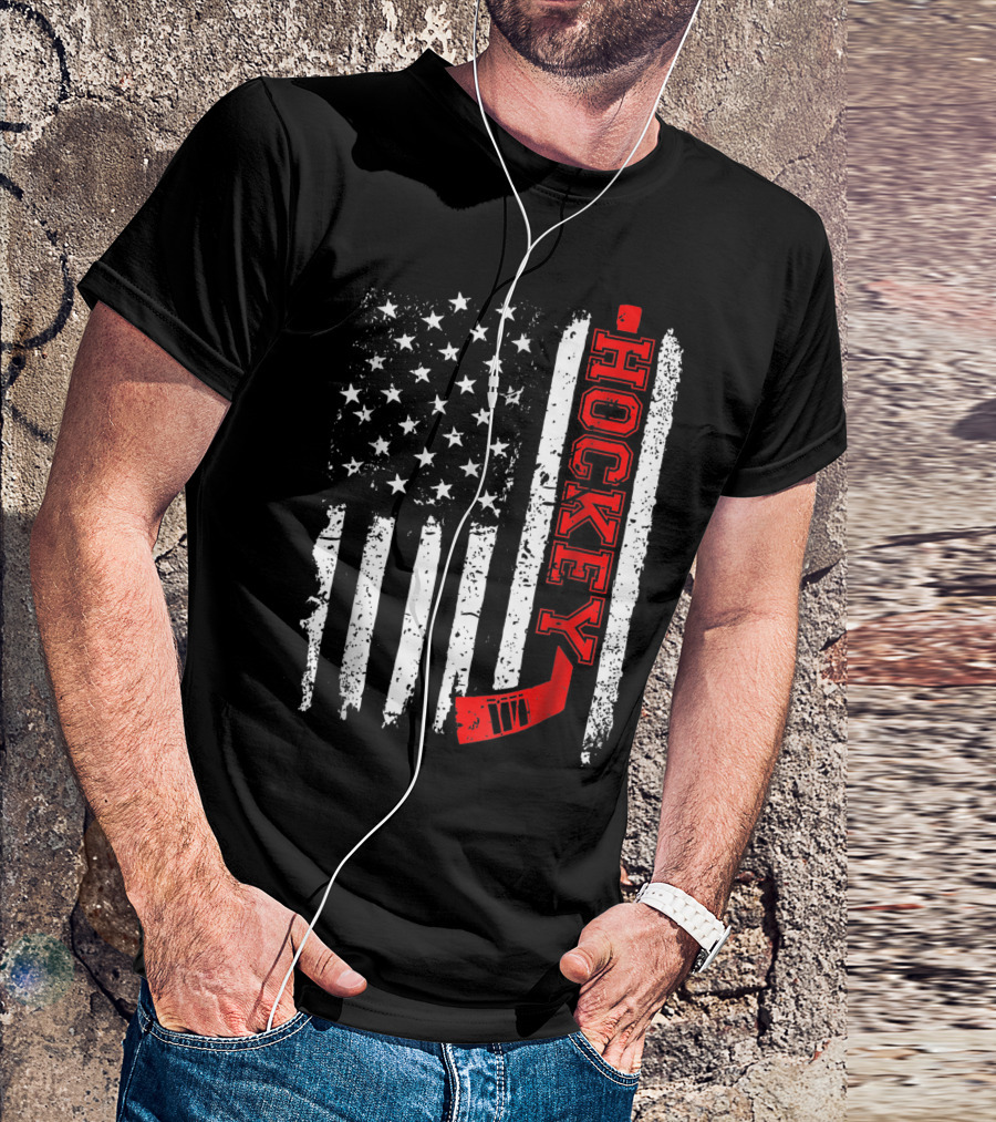 Hockey Stick American Flag With Red Vertical Hockey Text T-Shirt