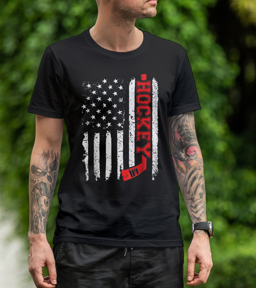 Hockey Stick American Flag With Red Vertical Hockey Text T-Shirt