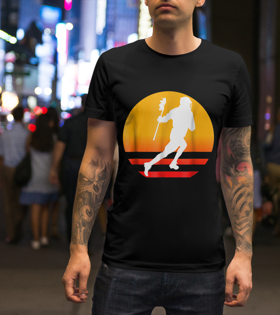 Lacrosse Player Silhouette Over American Sunset USA Fan T-Shirt