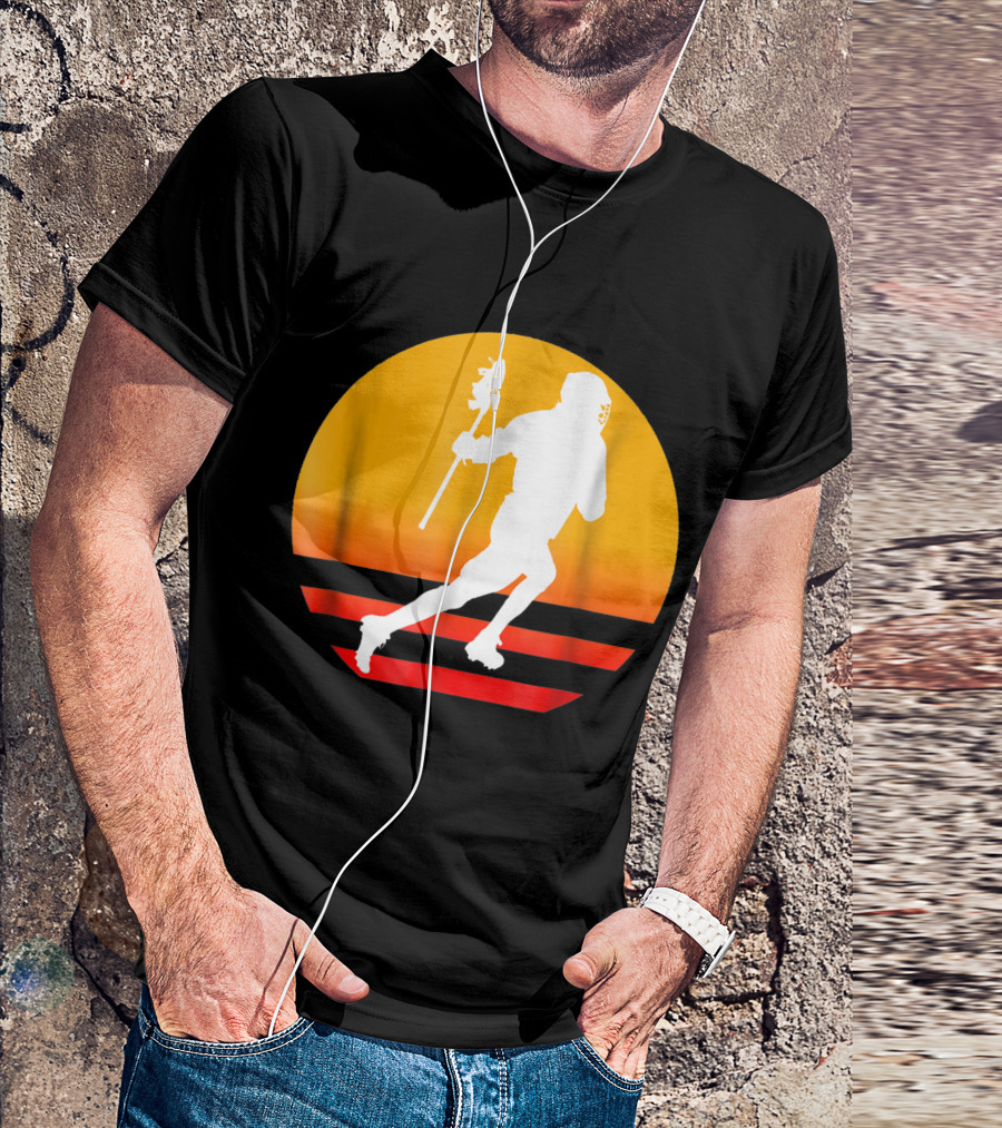 Lacrosse Player Silhouette Over American Sunset USA Fan T-Shirt