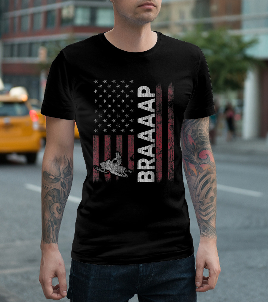 Distressed Braaaap American Flag Snowmobiling Vintage Style USA Snowmobile T-Shirt