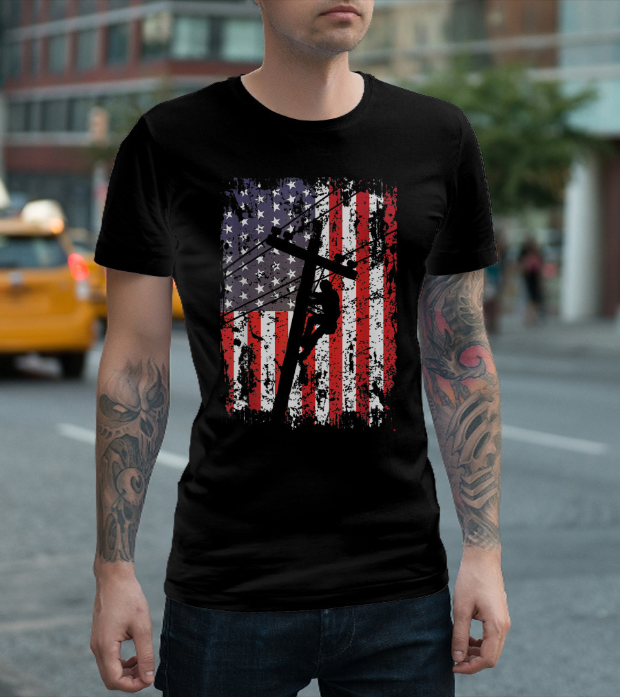Patriotic American Flag Lineman USA T-Shirt