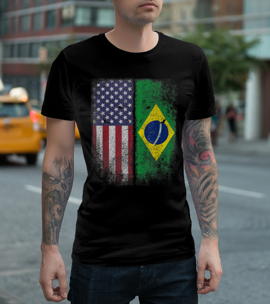 Brazil USA Flag Grunge Style Brazilian American Bandeira Do Brasil T-Shirt