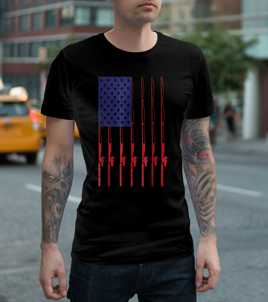 American Flag Fishing Rods Patriotic Usa Fun T-Shirt