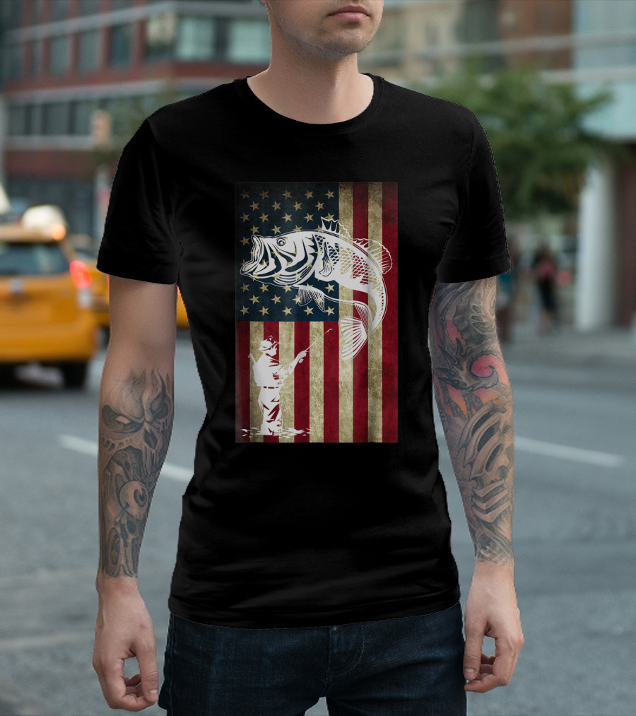 Fishing United States Flag Bass Angler American Flag T-Shirt