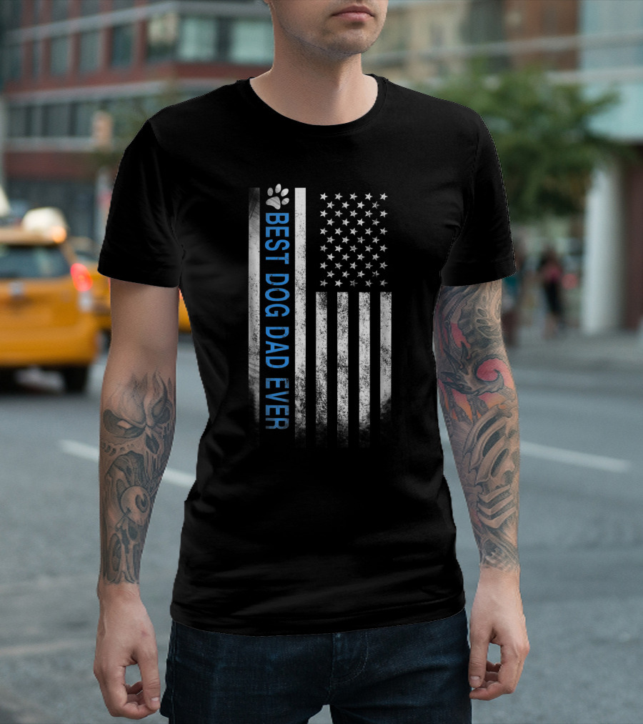 Best Dog Dad Ever American Flag With Paw Prints T-Shirt