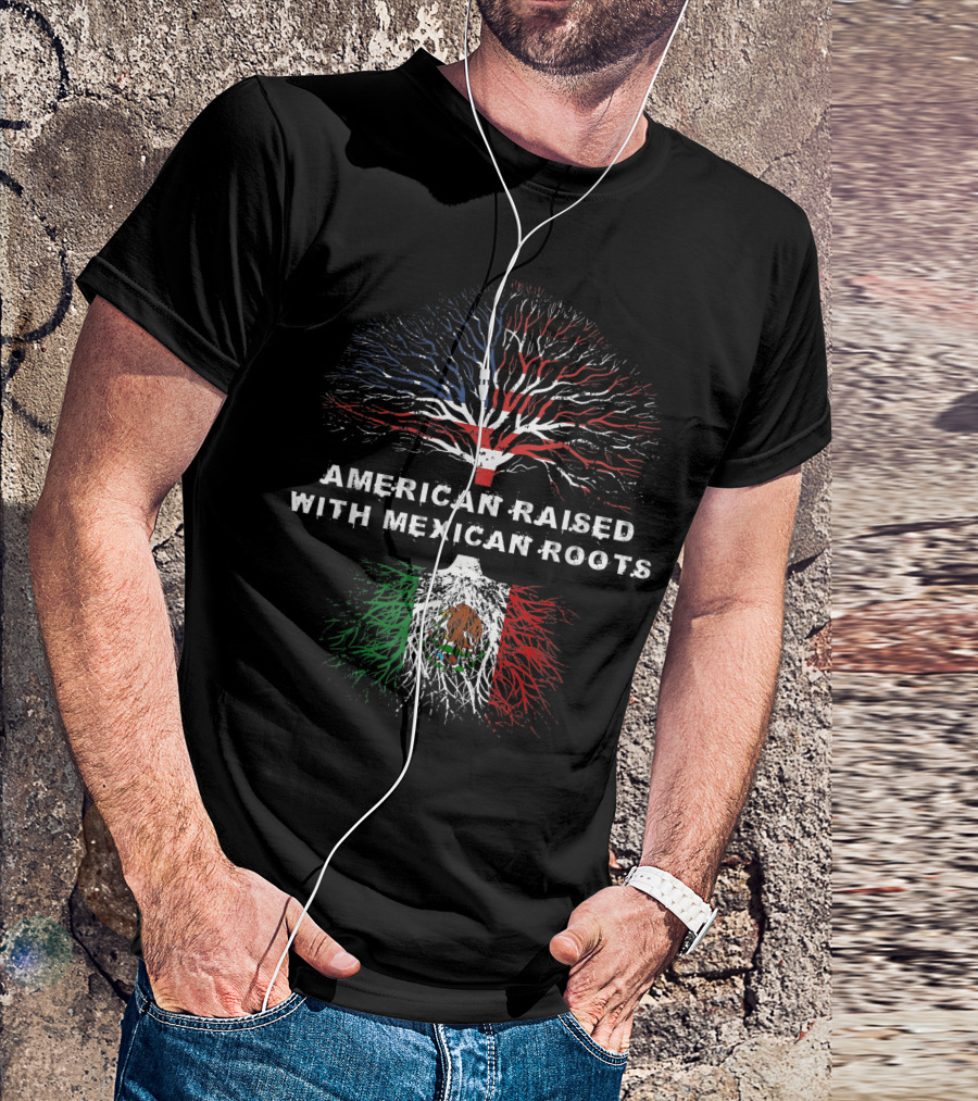 American Raised With Mexican Roots USA Flag Tree T-Shirt