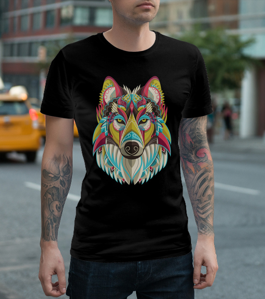 Wolf Native American Colorful Geometrical T-Shirt
