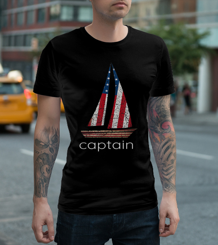 Captain Flag Sailing Two Sided American Patriotic Sailboat T-Shirt
