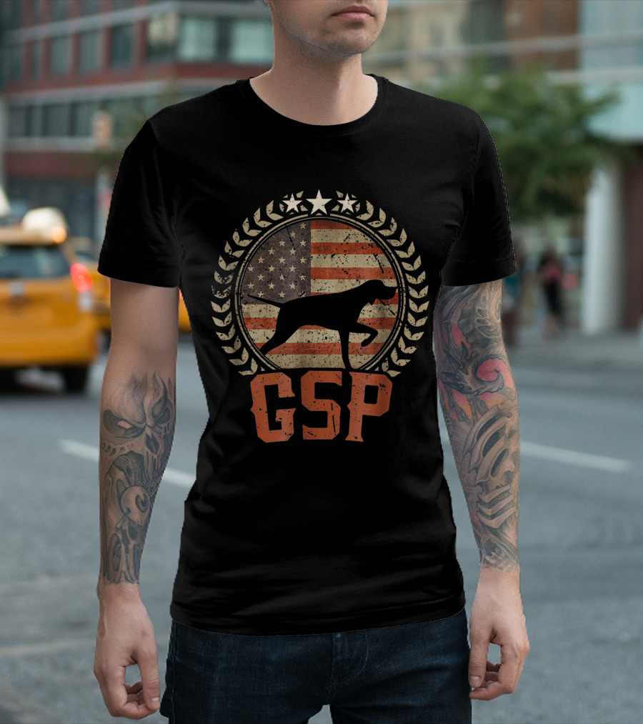 German Shorthaired Pointer GSP American Flag Patriotic Emblem T-Shirt