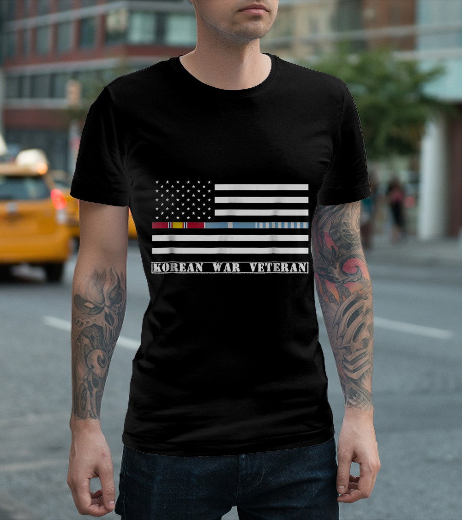 Korean War Veteran American Flag With Service Ribbon Pride T-Shirt