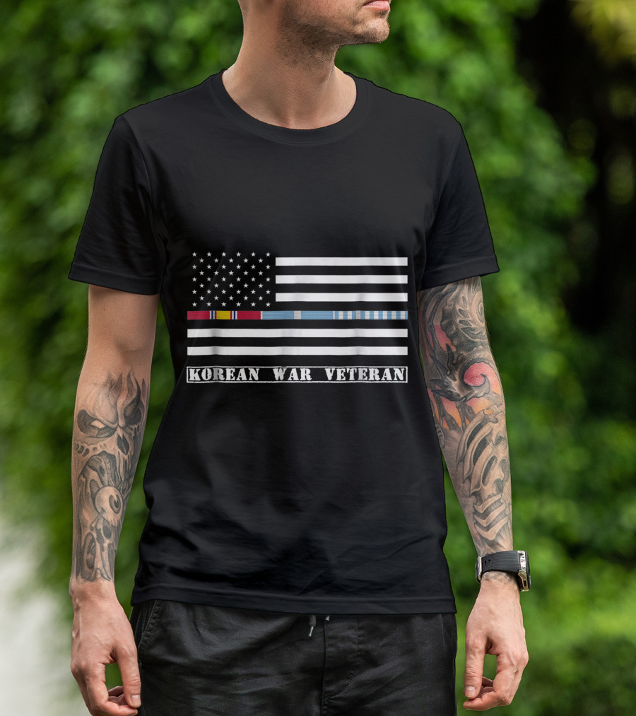 Korean War Veteran American Flag With Service Ribbon Pride T-Shirt