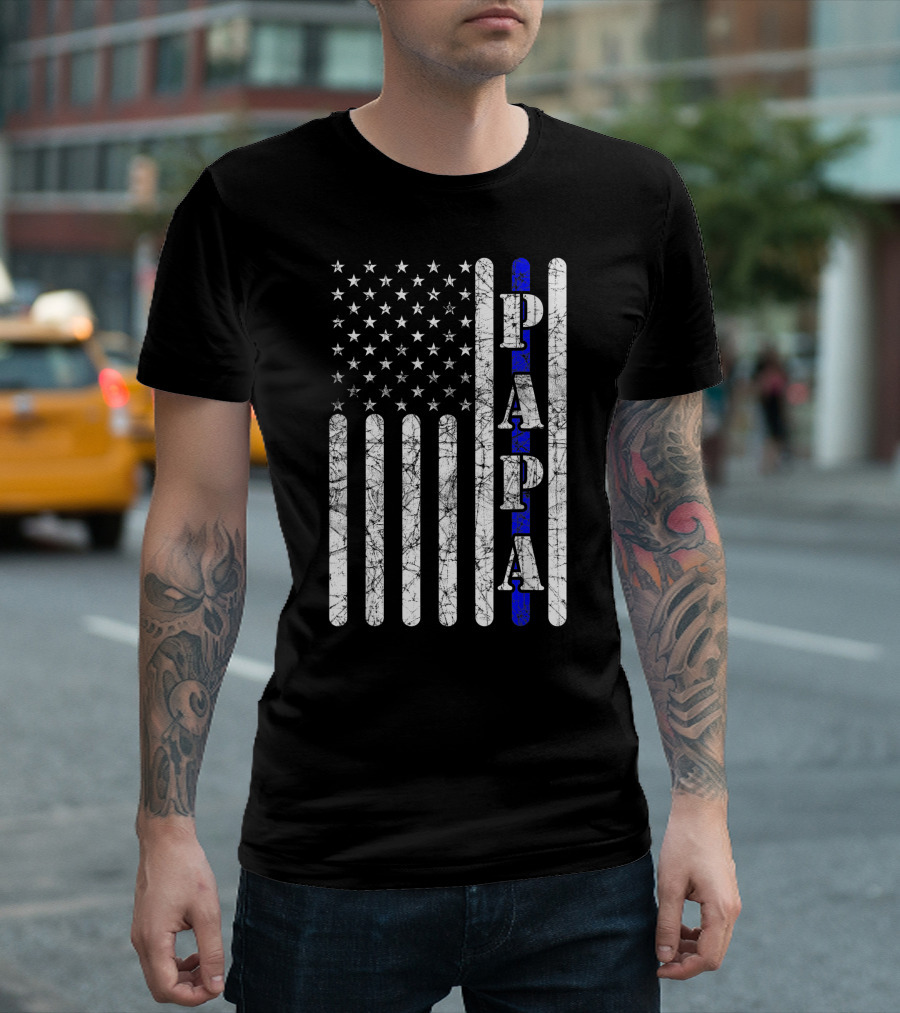 Vintage American Flag Thin Blue Line Papa Police T-Shirt