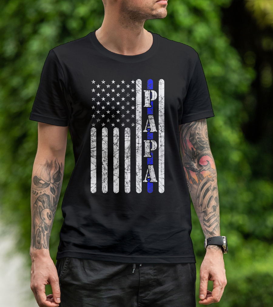 Vintage American Flag Thin Blue Line Papa Police T-Shirt