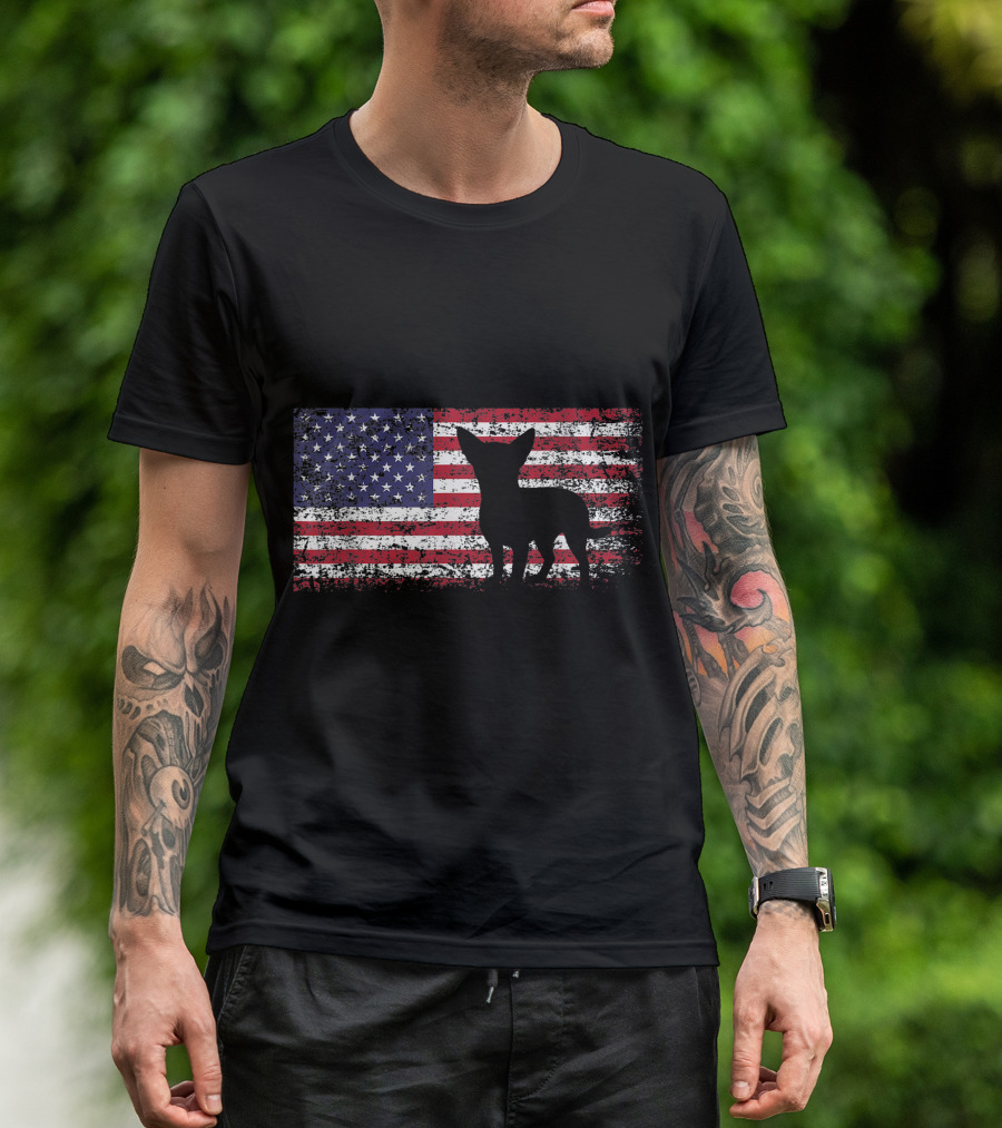 Chihuahua Silhouette On Distressed American Flag I Love My Chihuahua T-Shirt