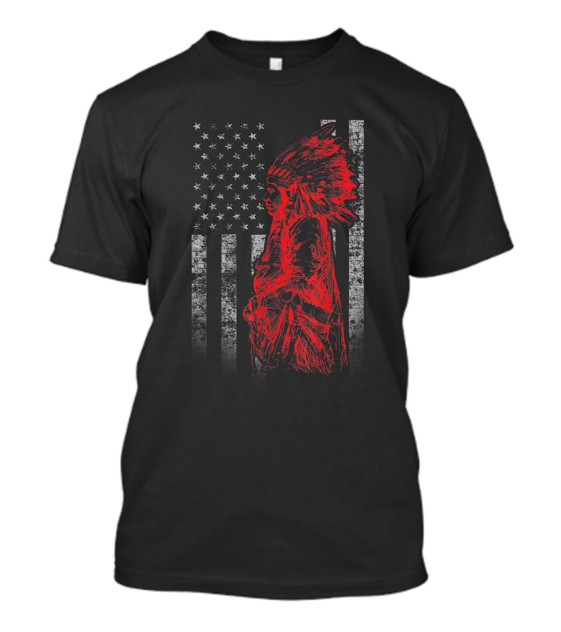 Native American Flag American Indian Chief Red Silhouette On Distressed American Flag T-Shirt