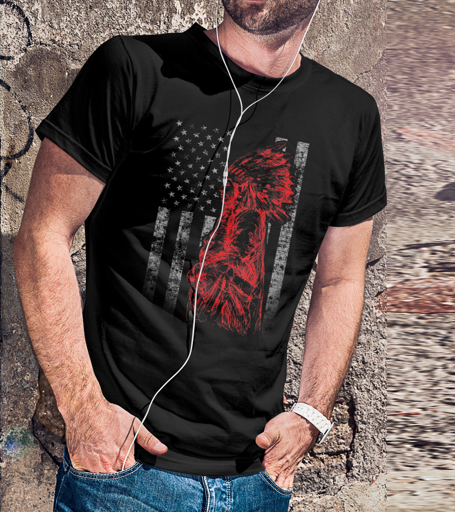 Native American Flag American Indian Chief Red Silhouette On Distressed American Flag T-Shirt