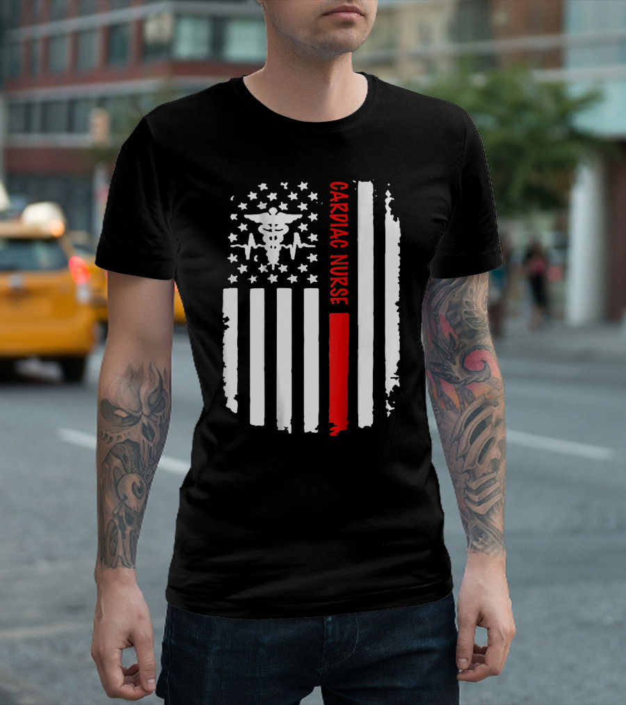 Cardiac Nurse Distressed American Flag with Caduceus and Heartbeat Stripes T-Shirt