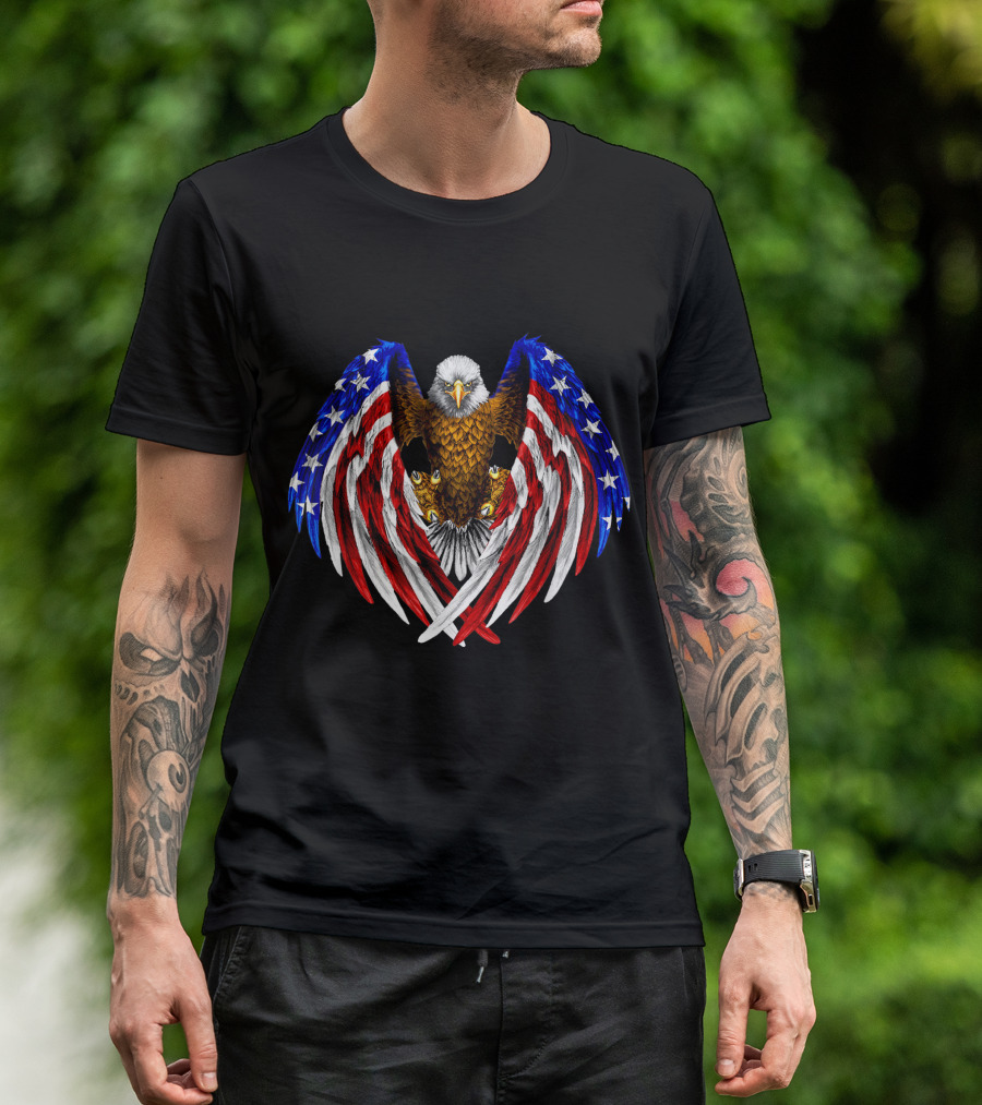 American Bald Eagle With Stars And Stripes Wing Spread In Red White And Blue T-Shirt