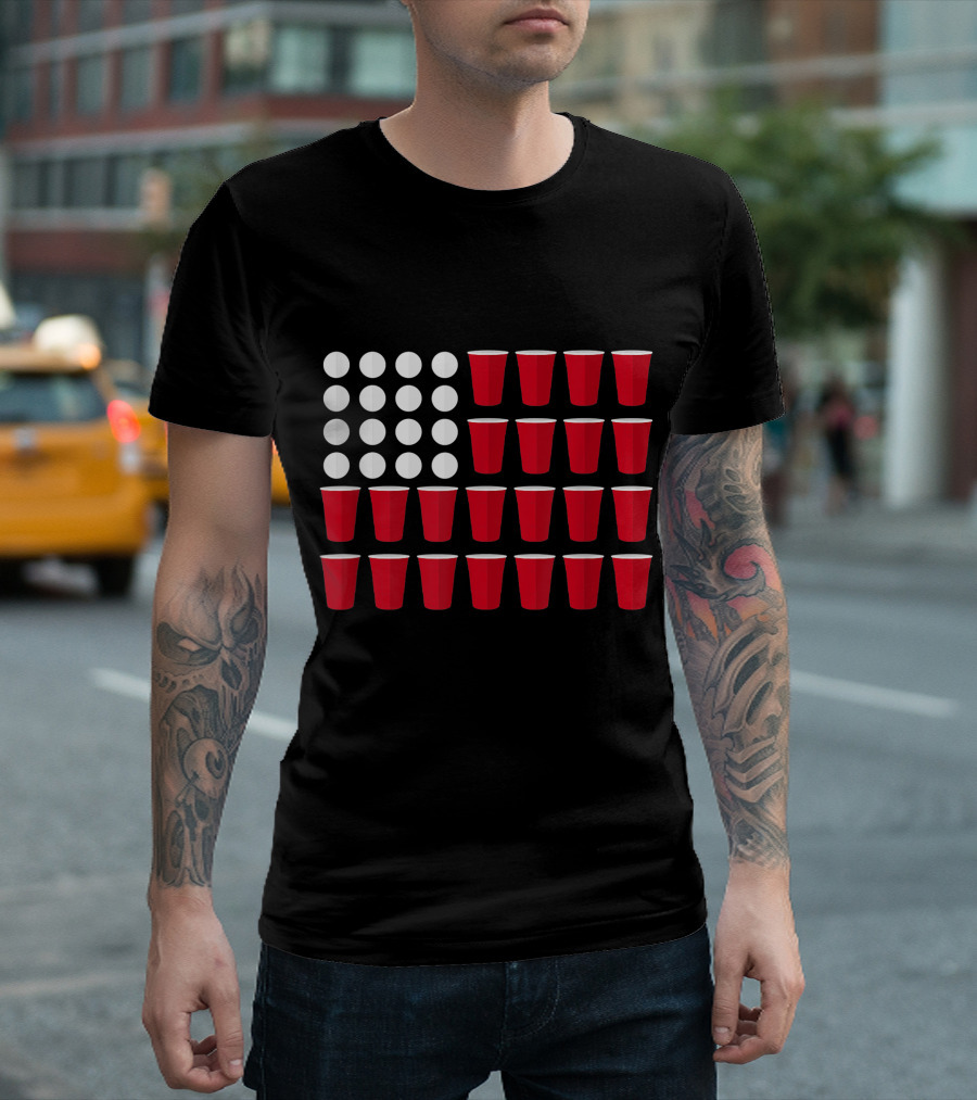 Beer Pong American Flag Red Cups White Balls T-Shirt