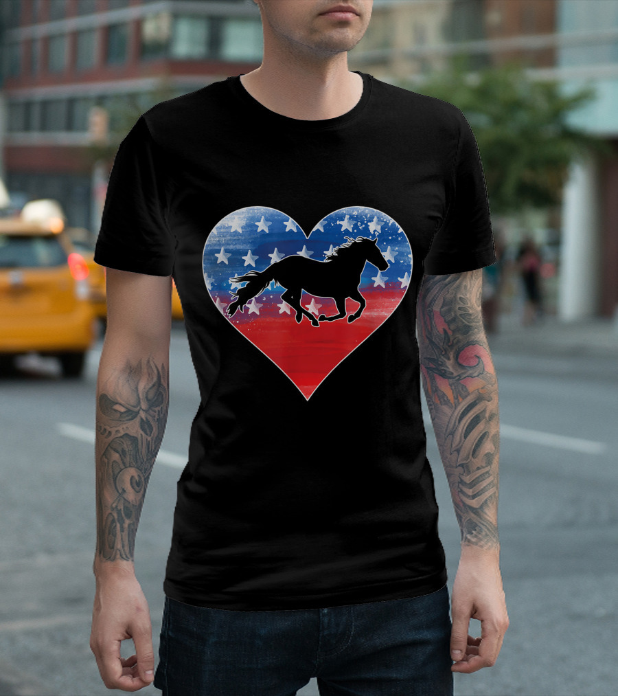Love Horses American Flag Heart Stars Patriotic 4th of July T-Shirt