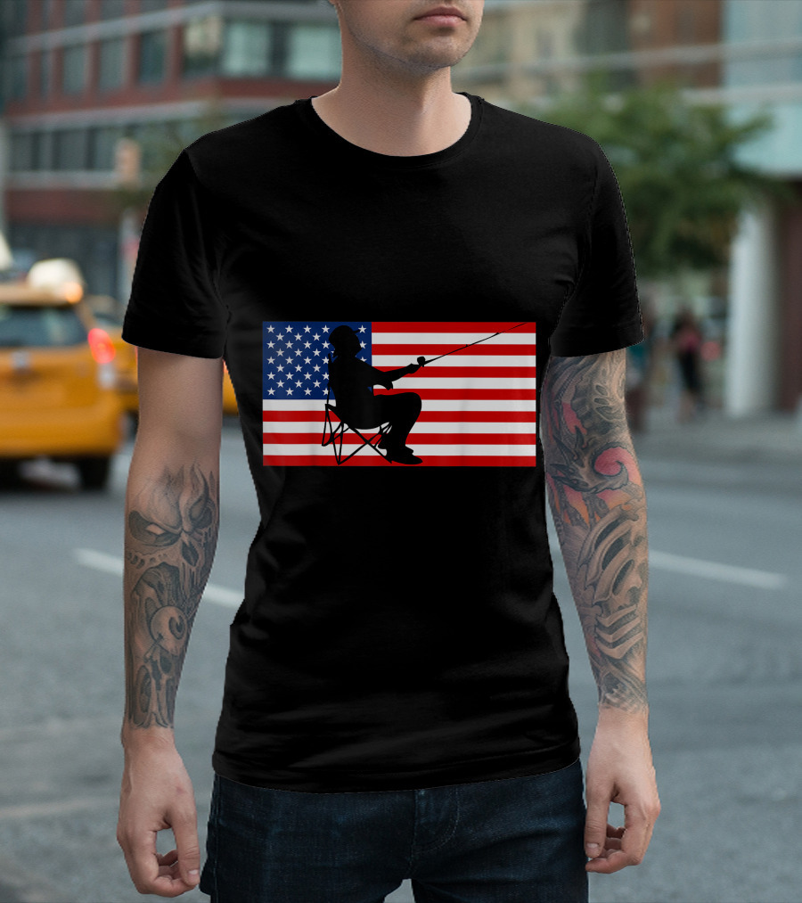 American Flag Silhouette Fisherman 4th Of July Patriotic USA T-Shirt