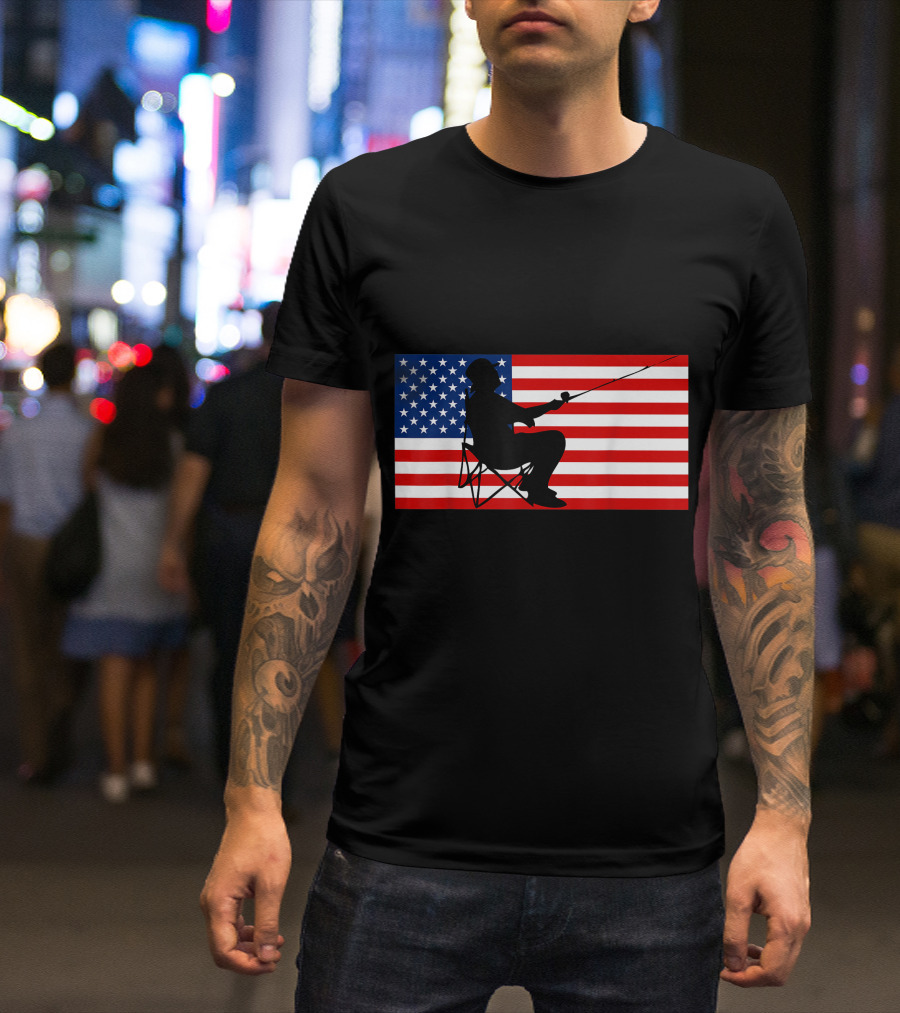 American Flag Silhouette Fisherman 4th Of July Patriotic USA T-Shirt