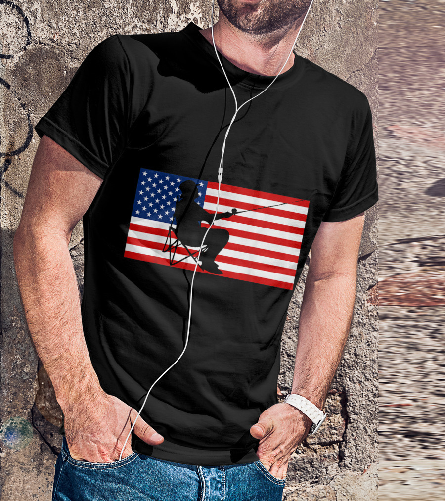 American Flag Silhouette Fisherman 4th Of July Patriotic USA T-Shirt