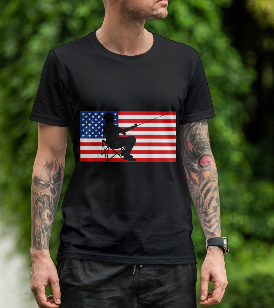 American Flag Silhouette Fisherman 4th Of July Patriotic USA T-Shirt