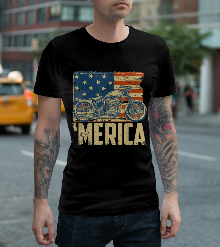 'Merica The Land of the Free and the Home of the Brave American Flag Motorcycle T-Shirt