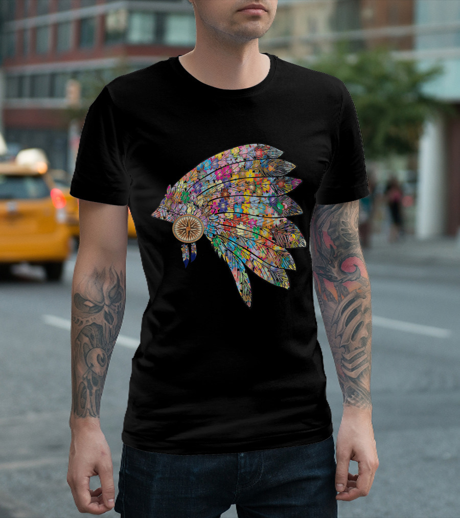 Native American Chief Hat Colorful Floral T-Shirt