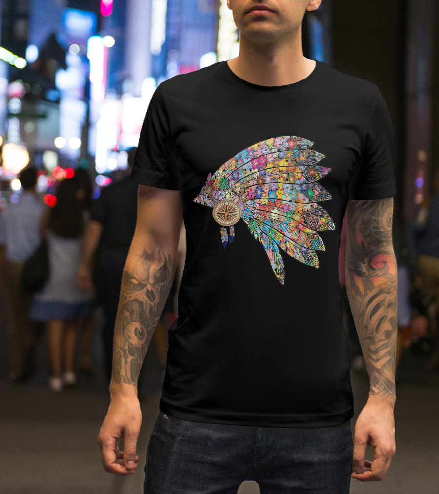 Native American Chief Hat Colorful Floral T-Shirt