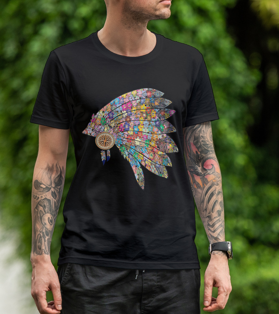 Native American Chief Hat Colorful Floral T-Shirt