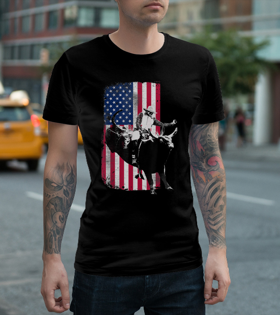 Patriotic American Flag Rodeo Bull Rider Cowboy T-Shirt