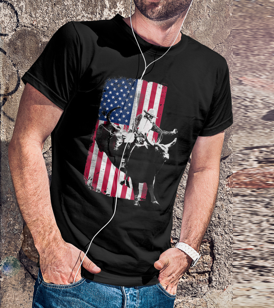 Patriotic American Flag Rodeo Bull Rider Cowboy T-Shirt