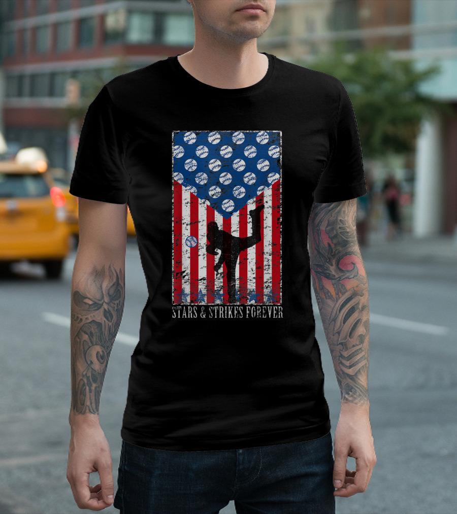 Stars And Strikes Forever American Pitcher Baseball Flag T-Shirt