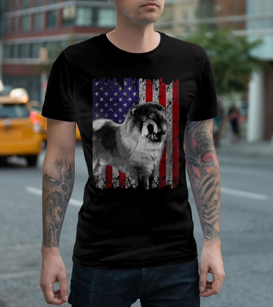 Chow Chow With American Flag Background Patriotic Dog T-Shirt