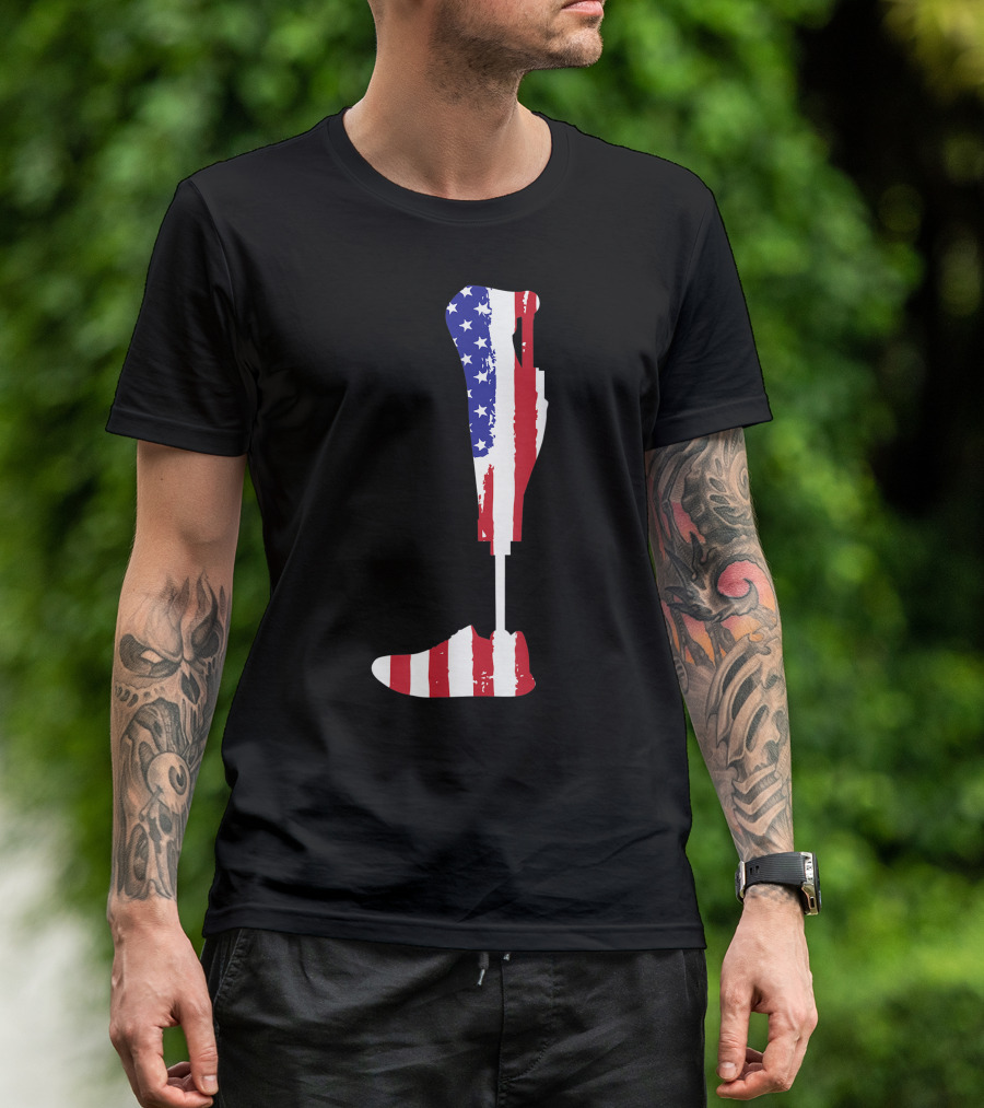 American Flag Patriotic Prosthetic Leg Amputee T-Shirt