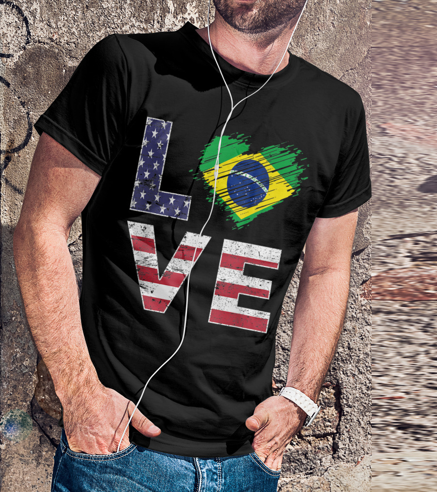 Brazilian American Flag Heart Love USA Brazil T-Shirt