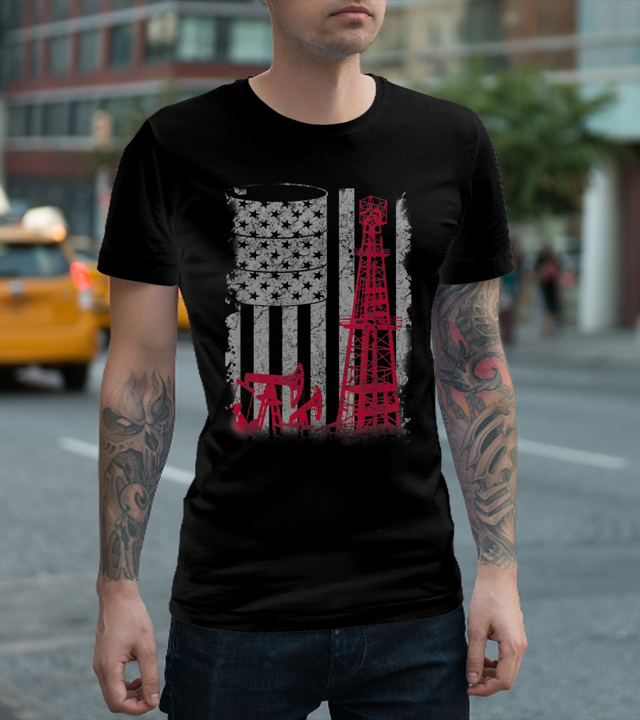 Oilfield Essential Oil Rig With American Flag Barrel And Stripes T-Shirt