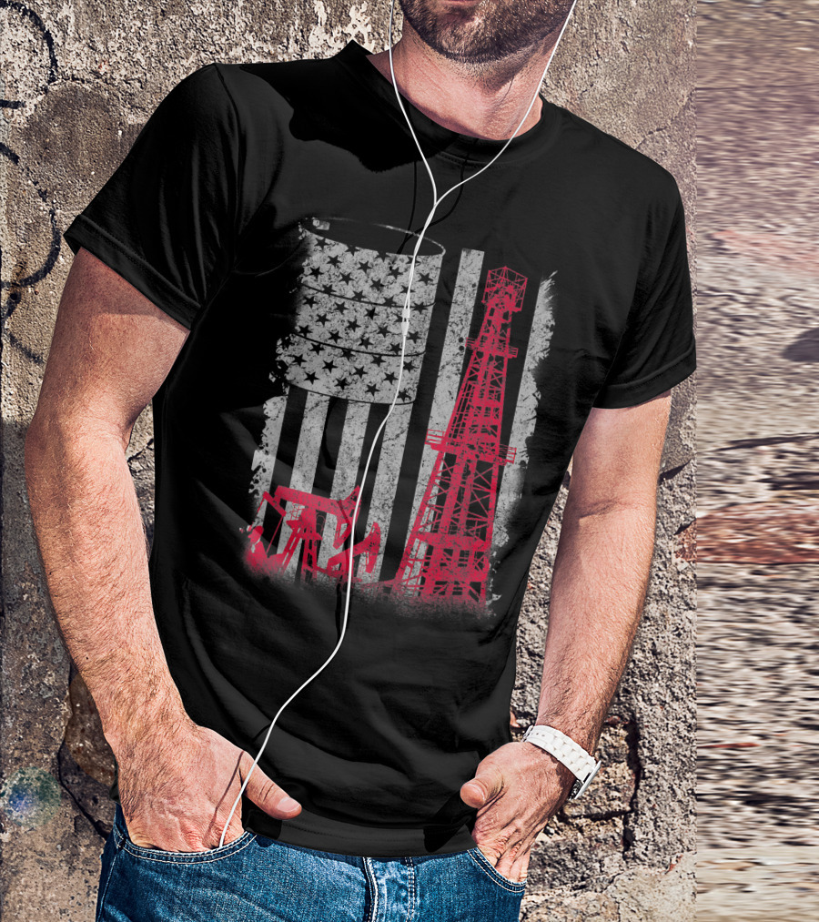 Oilfield Essential Oil Rig With American Flag Barrel And Stripes T-Shirt