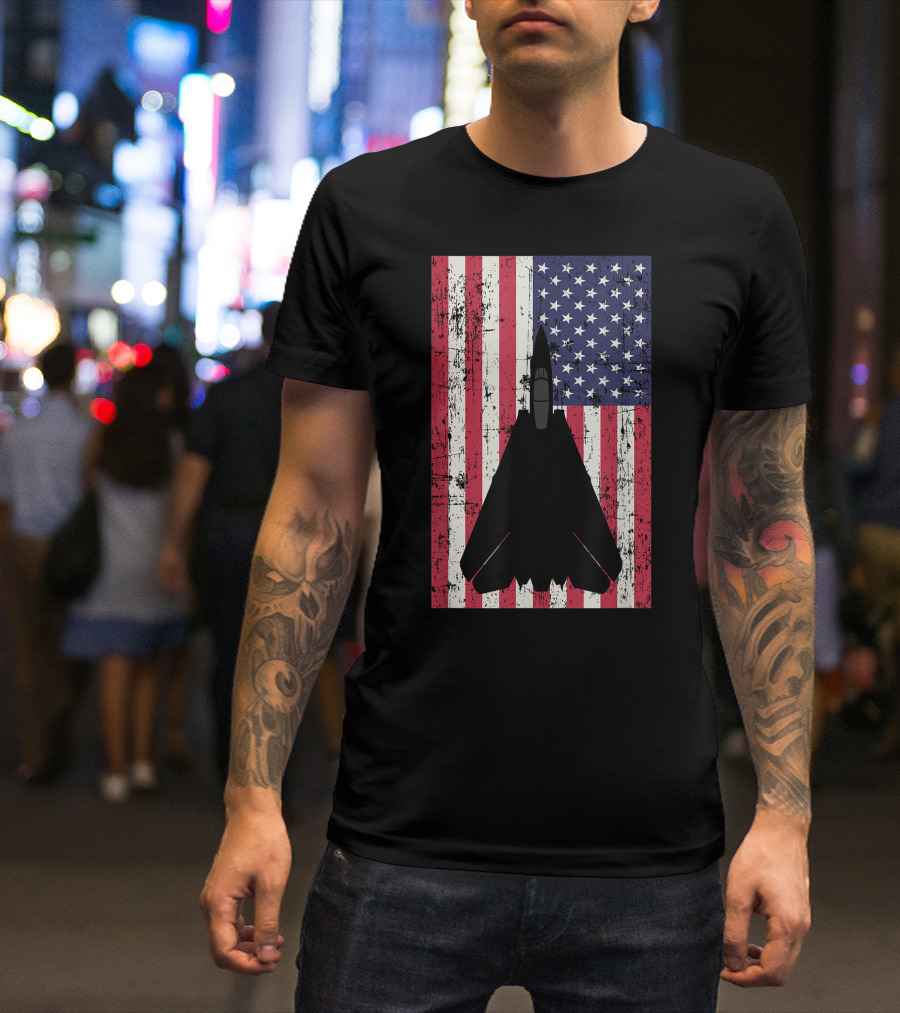 Patriotic F-14 Tomcat Fighter Jet American Flag Background T-Shirt
