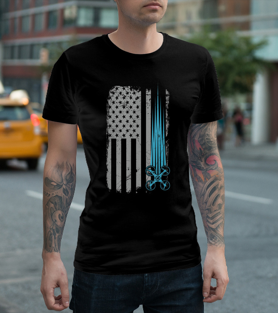Distressed American Flag With Drone Racing T-Shirt