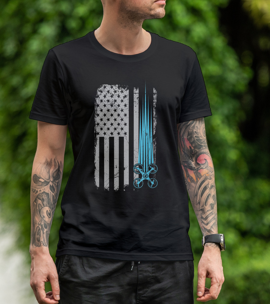 Distressed American Flag With Drone Racing T-Shirt