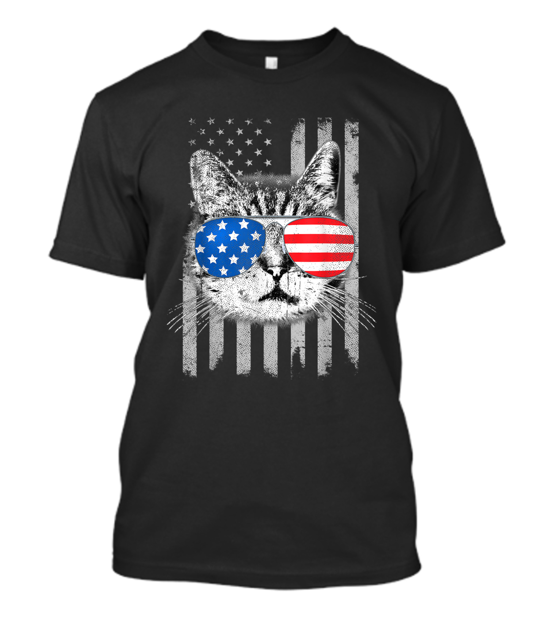 Cat With American Flag Glasses Staring At Stripes - 4th Of July Meowica T-Shirt