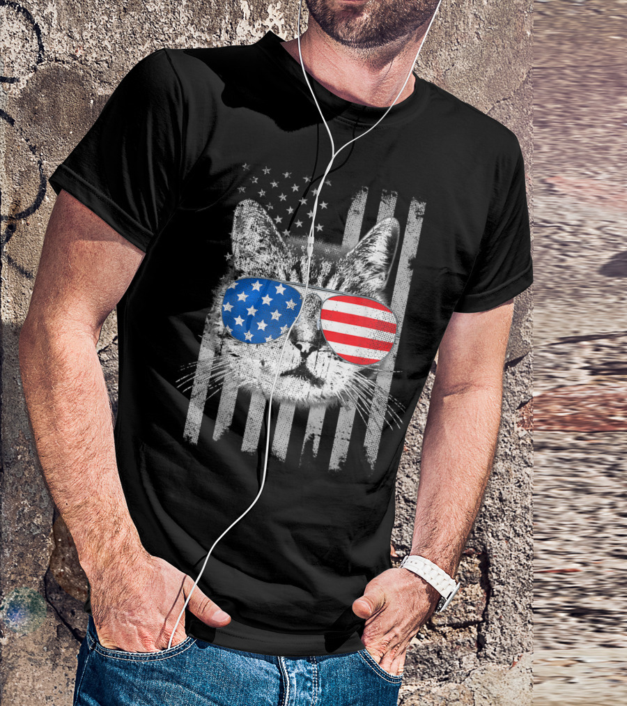 Cat With American Flag Glasses Staring At Stripes - 4th Of July Meowica T-Shirt
