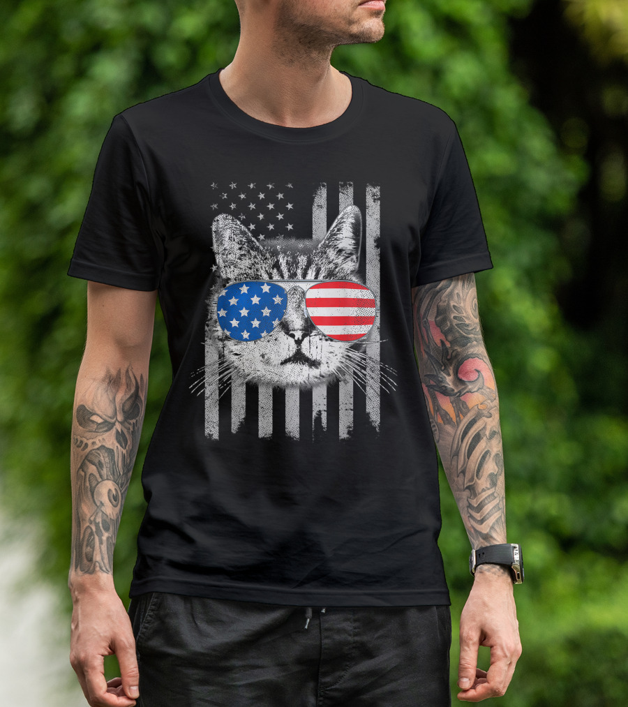 Cat With American Flag Glasses Staring At Stripes - 4th Of July Meowica T-Shirt
