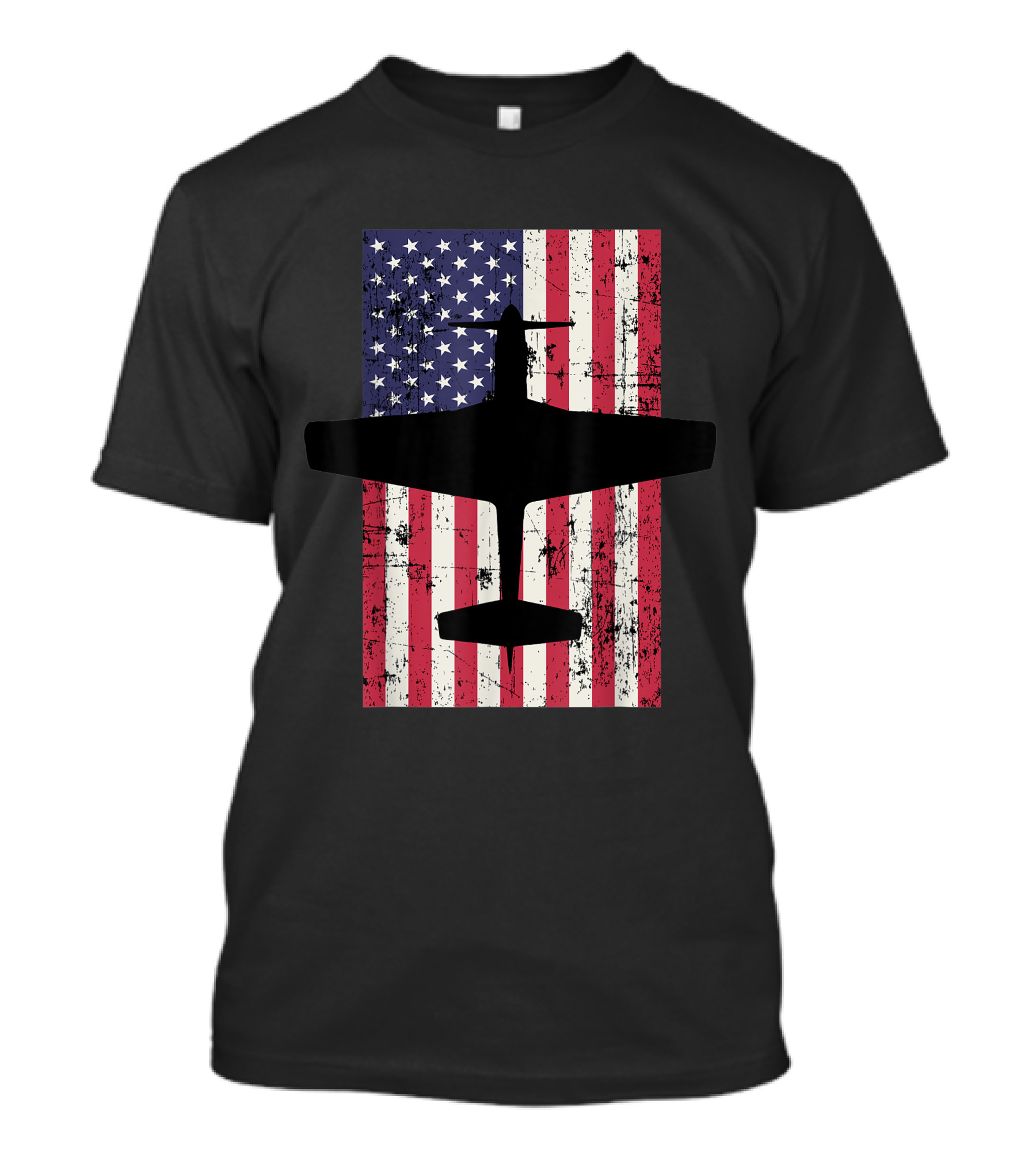 Patriotic 51 Mustang Airplane Silhouette Over Distressed American Flag T-Shirt