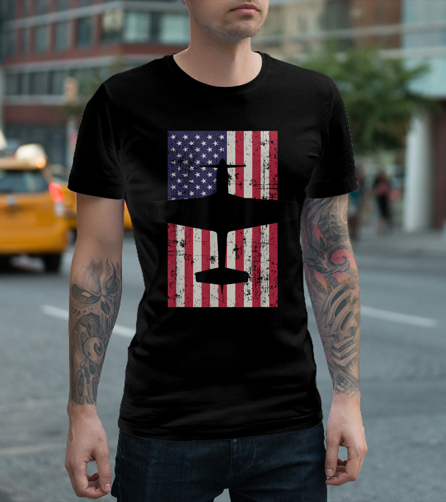 Patriotic 51 Mustang Airplane Silhouette Over Distressed American Flag T-Shirt